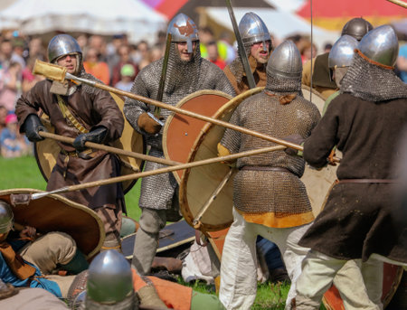 Yelets, Russia - May 11, 2019: Historical holiday Rusborg. Knights battle.のeditorial素材
