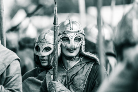 Yelets, Russia - May 11, 2019: Historical holiday Rusborg. Knights battle.のeditorial素材