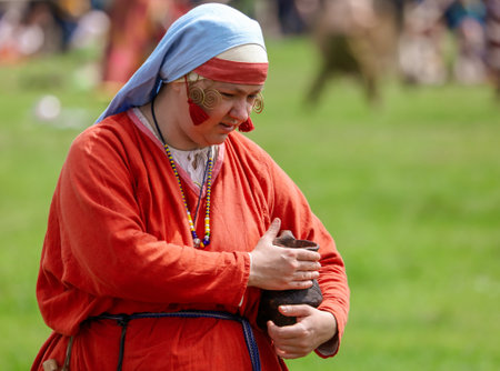 Yelets, Russia - May 11, 2019: Girl in the clothes of ancient Russian people. Historical holiday...