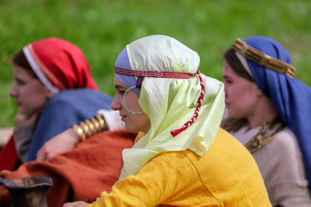 Yelets, Russia - May 11, 2019: Girl in the clothes of ancient Russian people. Historical holiday Rusborg.のeditorial素材