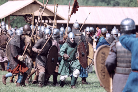 Yelets, Russia - May 11, 2019: Historical holiday Rusborg. Knights battle.