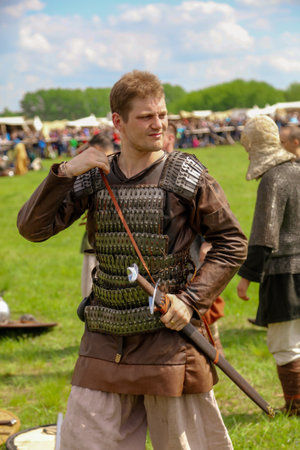 Yelets, Russia - May 11, 2019: A man in antique clothes. Historical holiday Rusborg.