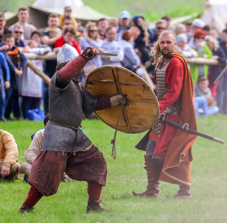 Yelets, Russia - May 11, 2019: Historical holiday Rusborg. Knights battle.のeditorial素材
