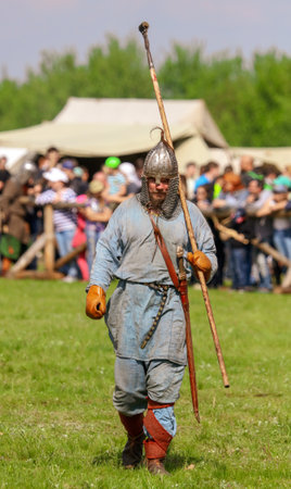 Yelets, Russia - May 11, 2019: Historical holiday Rusborg. Armored knight .のeditorial素材