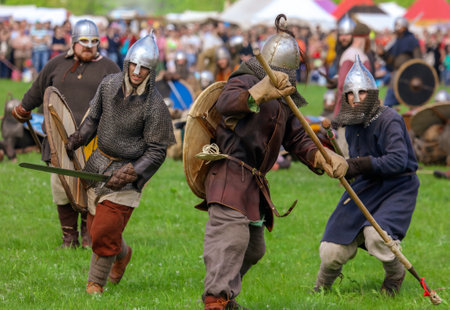 Yelets, Russia - May 11, 2019: Historical holiday Rusborg. Knights battle.のeditorial素材