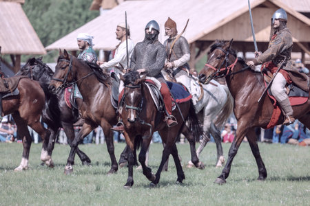 Yelets, Russia - May 11, 2019: Knights on horseback. Historical holiday Rusborg.のeditorial素材