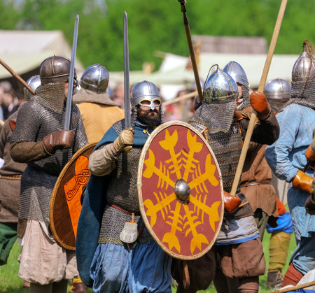 Yelets, Russia - May 11, 2019: Historical holiday Rusborg. Knights battle.のeditorial素材