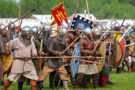 Yelets, Russia - May 11, 2019: Historical holiday Rusborg. Knights battle.のeditorial素材
