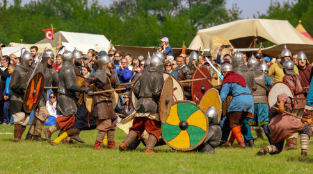 Yelets, Russia - May 11, 2019: Historical holiday Rusborg. Knights battle.のeditorial素材