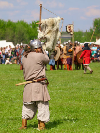 Yelets, Russia - May 11, 2019: Historical holiday Rusborg. Knights battle.のeditorial素材