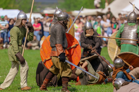 Yelets, Russia - May 11, 2019: Historical holiday Rusborg. Knights battle.