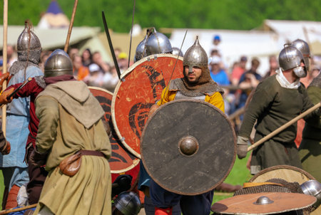 Yelets, Russia - May 11, 2019: Historical holiday Rusborg. Knights battle.