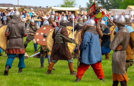 Yelets, Russia - May 11, 2019: Historical holiday Rusborg. Knights battle.のeditorial素材