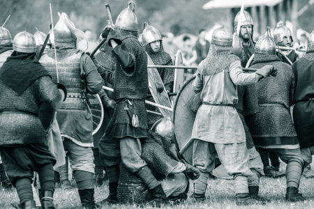 Yelets, Russia - May 11, 2019: Historical holiday Rusborg. Knights battle.のeditorial素材