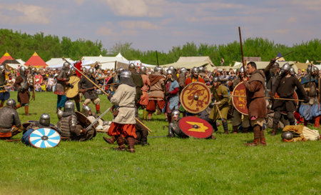 Yelets, Russia - May 11, 2019: Historical holiday Rusborg. Knights battle.のeditorial素材