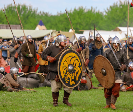 Yelets, Russia - May 11, 2019: Historical holiday Rusborg. Knights battle.のeditorial素材