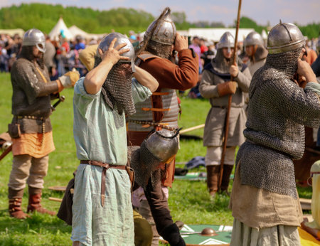 Yelets, Russia - May 11, 2019: Historical holiday Rusborg. Knights battle.のeditorial素材