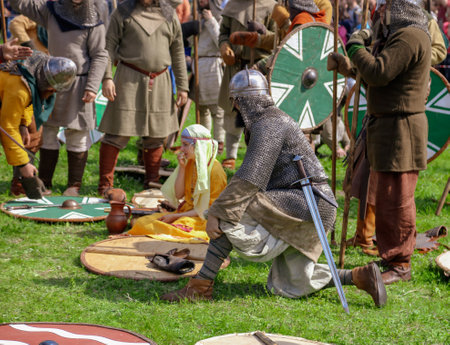 Yelets, Russia - May 11, 2019: Historical holiday Rusborg. Knights battle.のeditorial素材