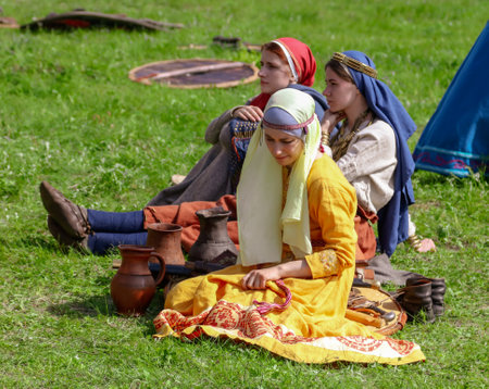 Yelets, Russia - May 11, 2019: Girl in the clothes of ancient Russian people. Historical holiday Rusborg.のeditorial素材