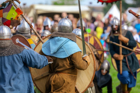 Yelets, Russia - May 11, 2019: Historical holiday Rusborg. Knights battle.のeditorial素材