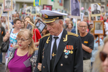 Lipetsk, Russia - May 9, 2019: Action Immortal Regiment. People come with photos of the military in World War II.のeditorial素材