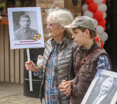 Lipetsk, Russia - May 9, 2019: Action Immortal Regiment. People come with photos of the military in World War II.のeditorial素材