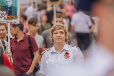 Lipetsk, Russia - May 9, 2019: Action Immortal Regiment. People come with photos of the military in World War II.のeditorial素材