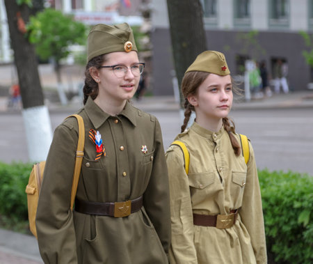 Lipetsk, Russia - May 9, 2019: Girls in military uniform at the Victory Day holiday in Russia .のeditorial素材