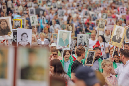 Lipetsk, Russia - May 9, 2019: Action Immortal Regiment. People come with photos of the military in World War II.のeditorial素材