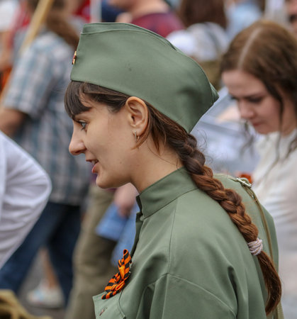 Lipetsk, Russia - May 9, 2019: Action Immortal Regiment. People come with photos of the military in World War II.のeditorial素材