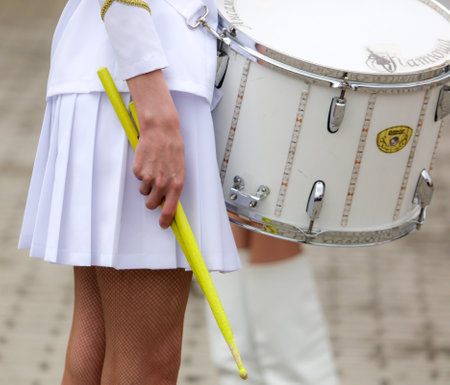 Lipetsk, Russia - May 9, 2019: Girl drummer on Victory Day holiday in Russia .のeditorial素材