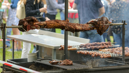 Meat on skewers fried on the grill .の写真素材