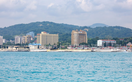 Sochi, Russia - June 4, 2019: Coast of Sochi city with houses and beach .のeditorial素材