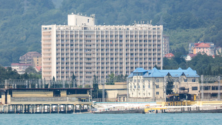 Sochi, Russia - June 4, 2019: Coast of Sochi city with houses and beach .のeditorial素材