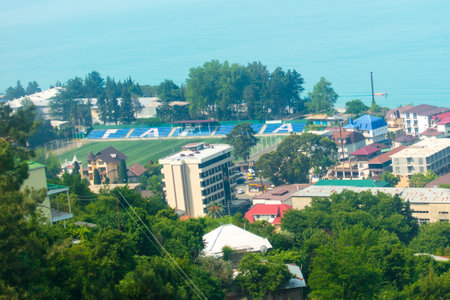 Gagry, Abkhazia - June 7, 2019: Houses of the town of Gagry on the Black Sea coast .のeditorial素材