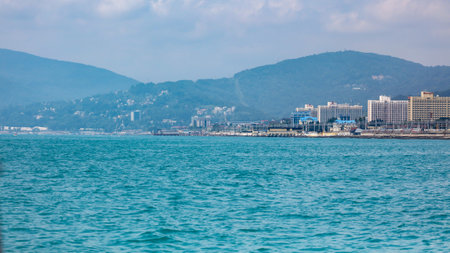 Sochi, Russia - June 4, 2019: Coast of Sochi city with houses and beach .のeditorial素材