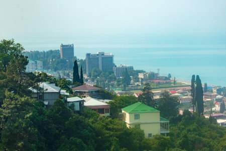 Gagry, Abkhazia - June 7, 2019: Houses of the town of Gagry on the Black Sea coast .のeditorial素材