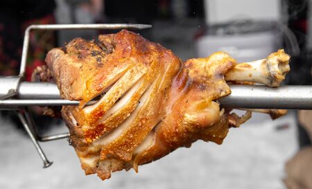 Sheep meat is fried on charcoal.の写真素材