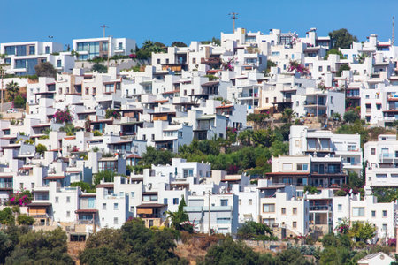 Bodrum, Turkey - August 21, 2019: Buildings on the coast of the Aegean Sea in Turkey.のeditorial素材