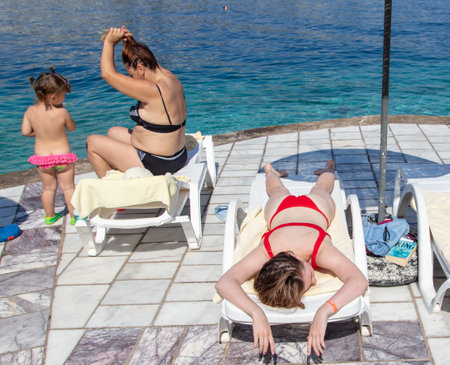 Bodrum, Turkey - August 21, 2019: People beach on the coast of the Aegean Sea in Turkey.のeditorial素材