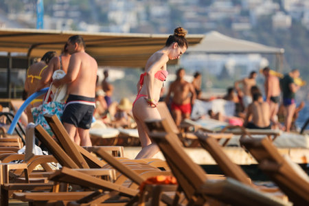 Bodrum, Turkey - August 21, 2019: People beach on the coast of the Aegean Sea in Turkey.のeditorial素材