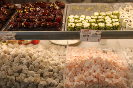 Bodrum, Turkey - August 21, 2019: Sweets and dried fruits in the market of the city of Bodrum in Turkey.のeditorial素材