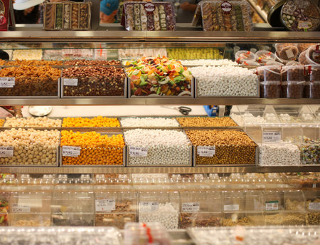 Bodrum, Turkey - August 21, 2019: Sweets and dried fruits in the market of the city of Bodrum in Turkey.のeditorial素材