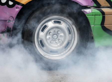 Lipetsk, Russia - October 26, 2019: Cars at speed and smoke from the wheels at the stuntmen festival.のeditorial素材