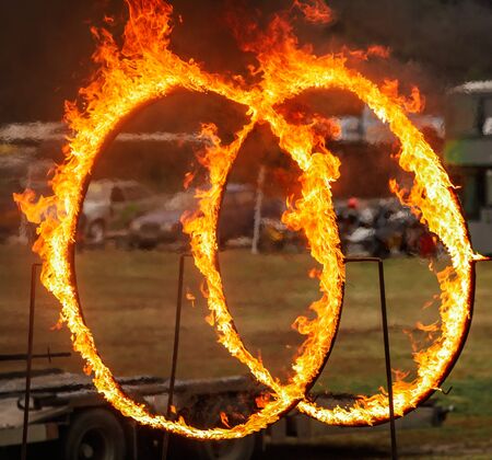Burning hoop in nature. Flame of fireの写真素材