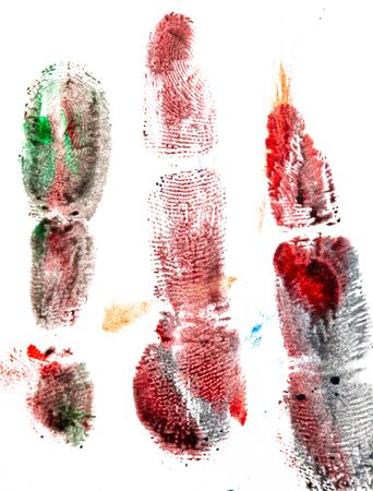 Imprint of a children's hand made of paints on white paper.の写真素材