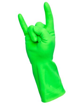 Green rubber gloves isolated on a white background.の写真素材