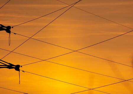 Silhouette of electric wires on a sunset background.の写真素材