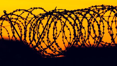 Silhouette of barbed wire on the fence against the backdrop of the sunset.の写真素材