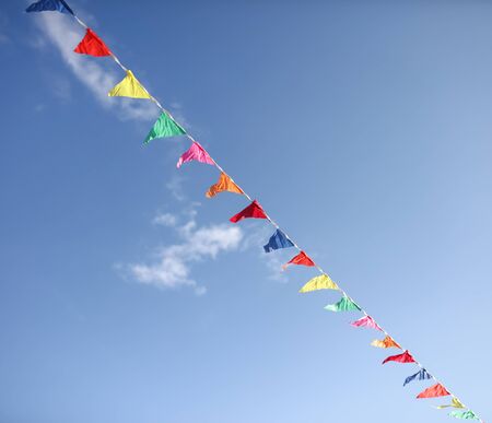 Multi-colored flags on a background of blue sky.